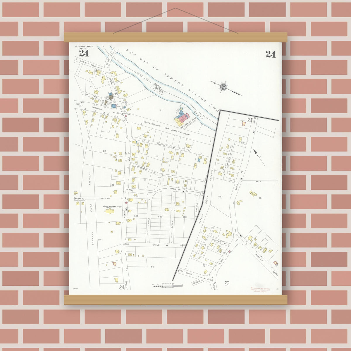 Old map wall art mockup — magnetic wood frame on brick wall — Sanborn Fire Insurance Map from Needham, Norfolk County, Massachusetts (1937), Sheet #0024