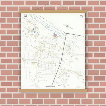 Old map wall art mockup — magnetic wood frame on brick wall — Sanborn Fire Insurance Map from Needham, Norfolk County, Massachusetts (1937), Sheet #0024