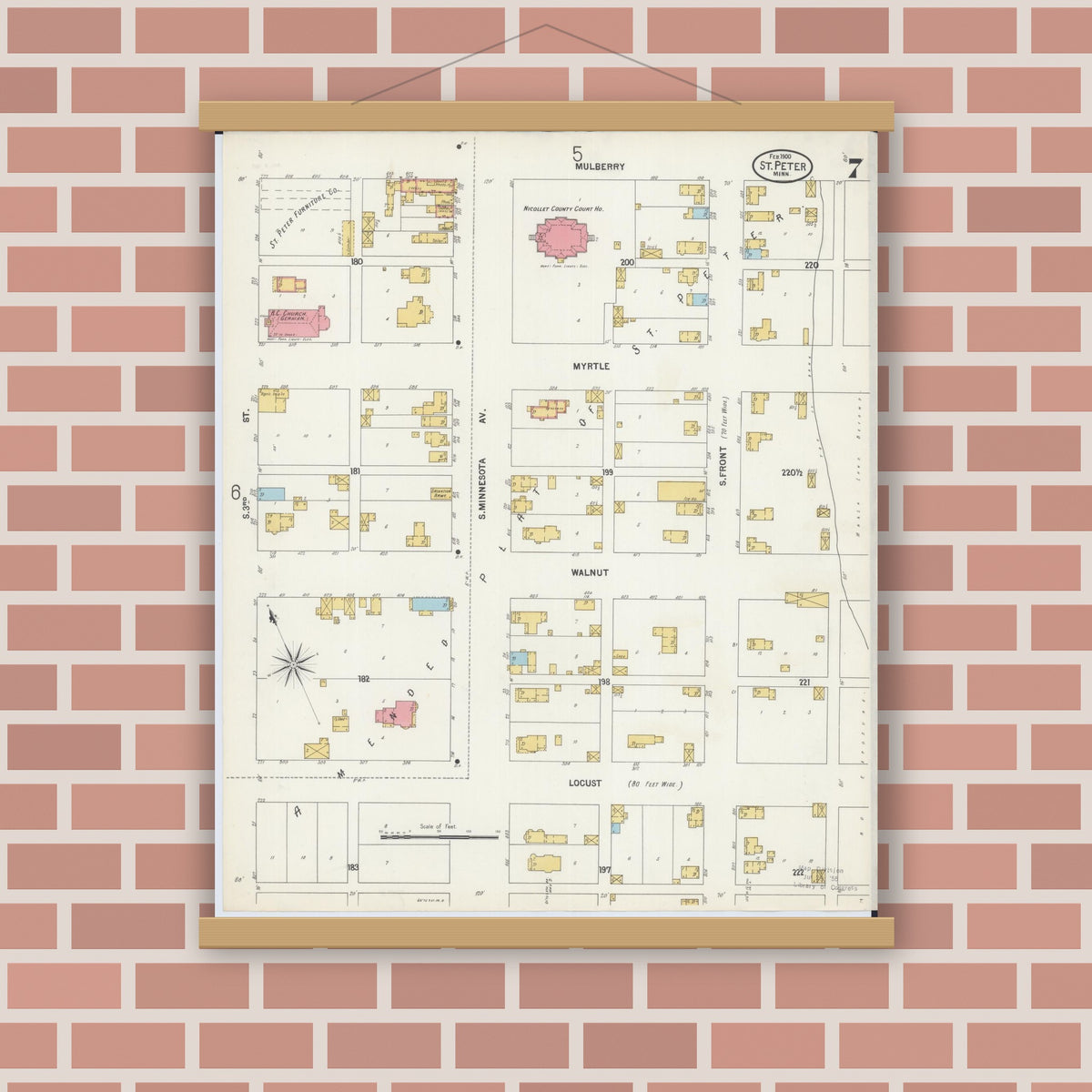 Old map wall art mockup — magnetic wood frame on brick wall — Sanborn Fire Insurance Map from Saint Peter, Nicollet County, Minnesota (1900), Sheet #0007