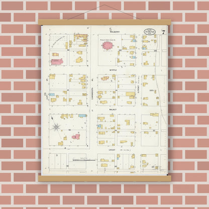 Old map wall art mockup — magnetic wood frame on brick wall — Sanborn Fire Insurance Map from Saint Peter, Nicollet County, Minnesota (1900), Sheet #0007