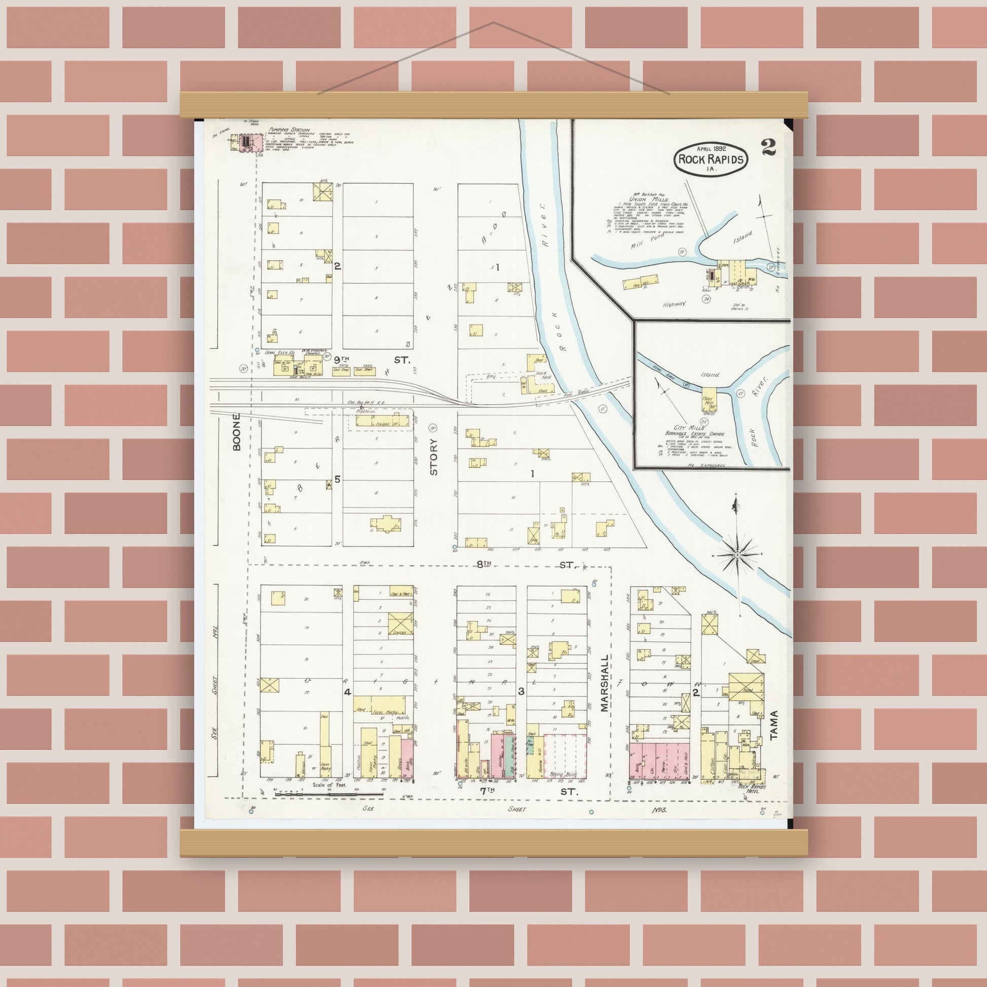 Old map wall art mockup — magnetic wood frame on brick wall — Sanborn Fire Insurance Map from Rock Rapids, Lyon County, Iowa (1892), Sheet #0002