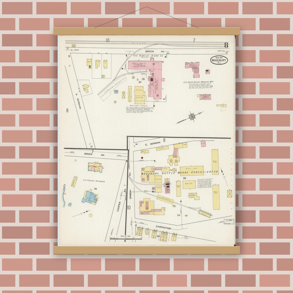 Old map wall art mockup — magnetic wood frame on brick wall — Sanborn Fire Insurance Map from Woodbury, Gloucester County, New Jersey (1915), Sheet #0008