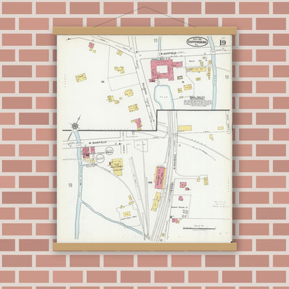 Old map wall art mockup — magnetic wood frame on brick wall — Sanborn Fire Insurance Map from Shippensburg, Cumberland And Franklin Counties, Pennsylvania (1921), Sheet #0019