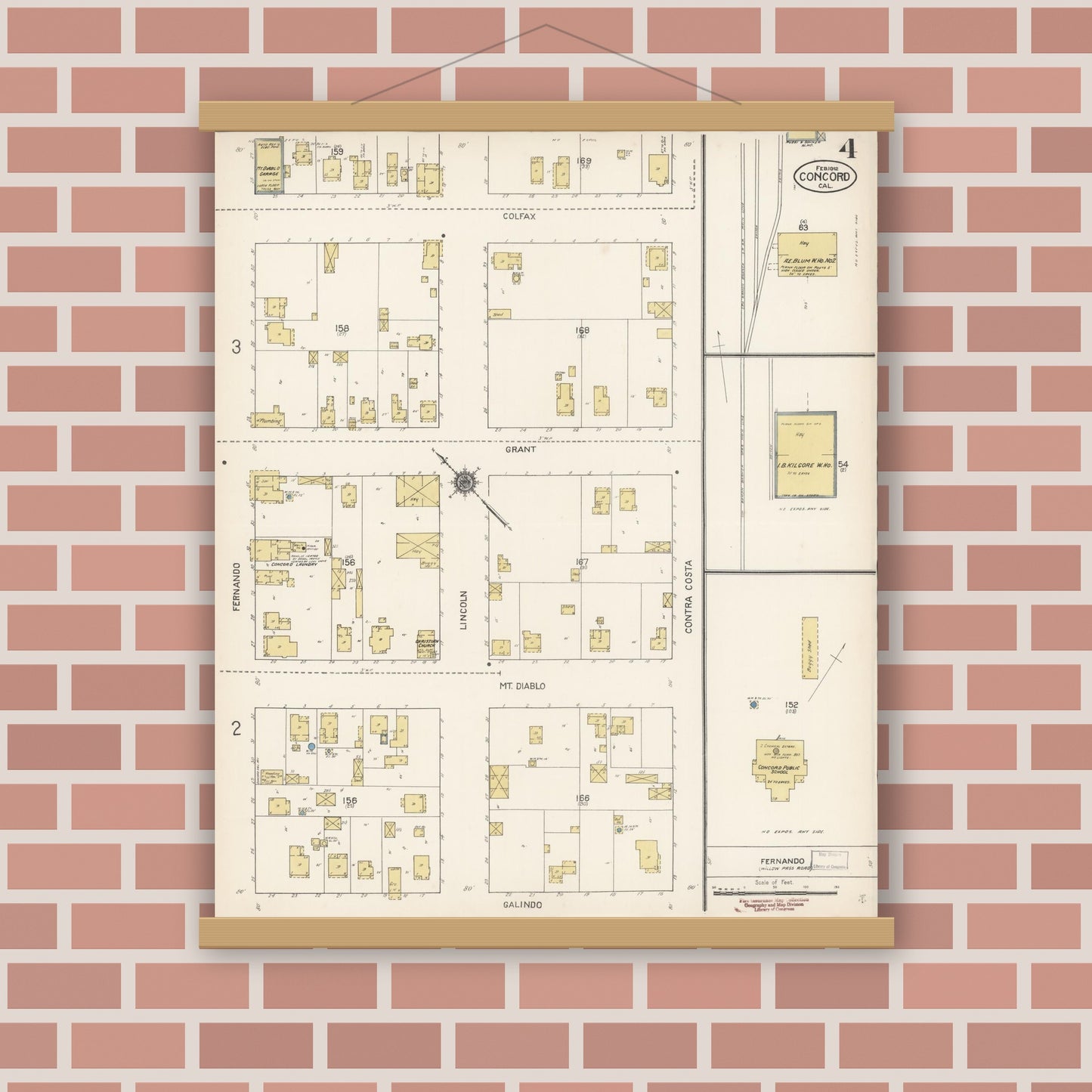 Old map wall art mockup — magnetic wood frame on brick wall — Sanborn Fire Insurance Map from Concord, Contra Costa County, California (1912), Sheet #0004