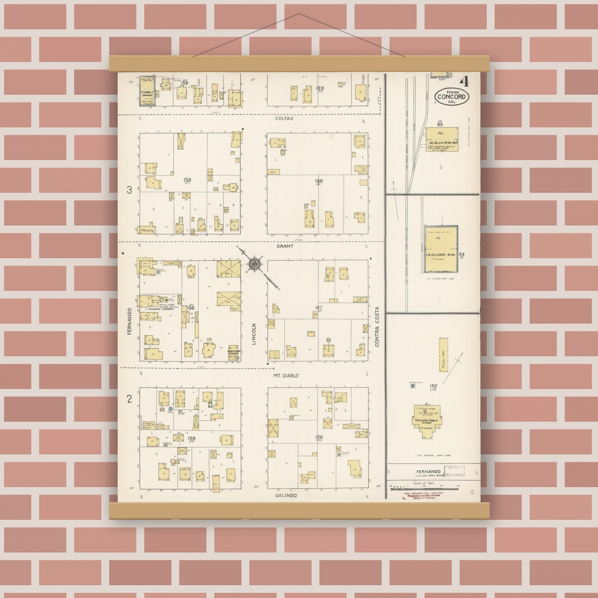 Old map wall art mockup — magnetic wood frame on brick wall — Sanborn Fire Insurance Map from Concord, Contra Costa County, California (1912), Sheet #0004