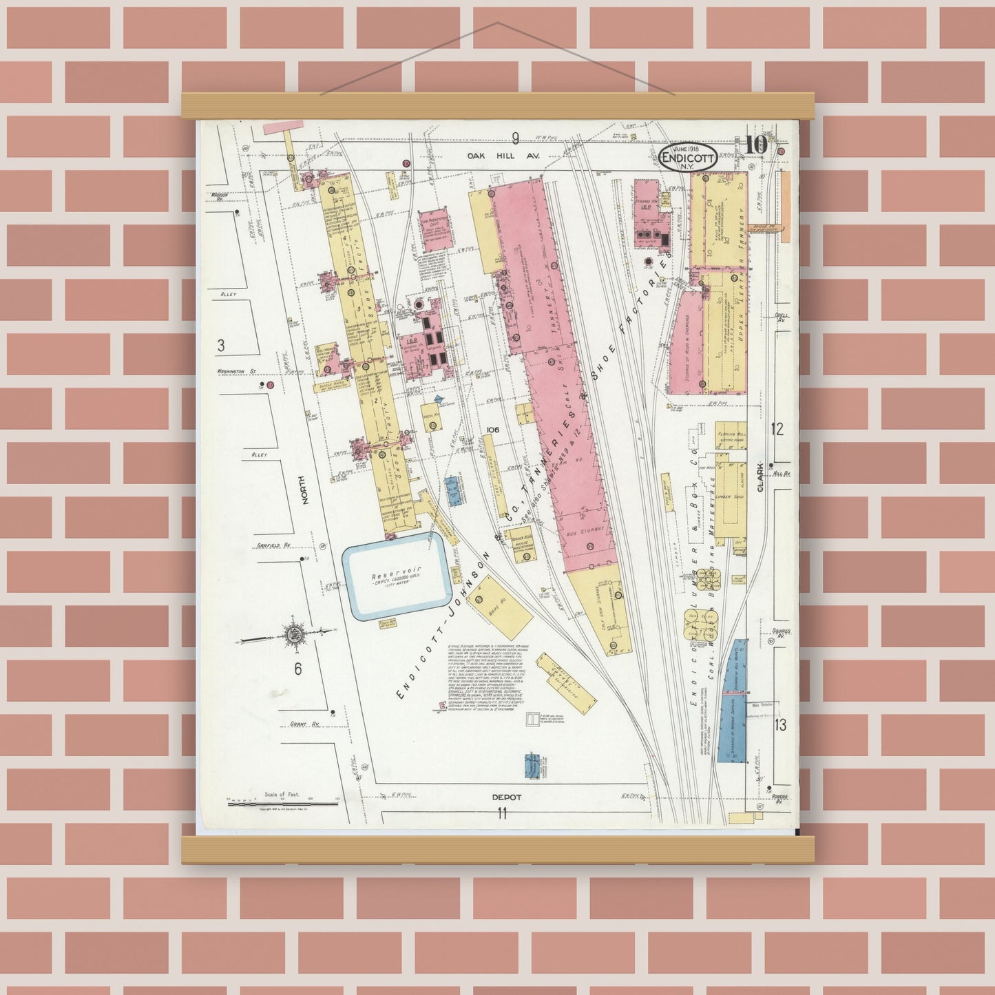 Old map wall art mockup — magnetic wood frame on brick wall — Sanborn Fire Insurance Map from Endicott, Broome County, New York (1918), Sheet #0010