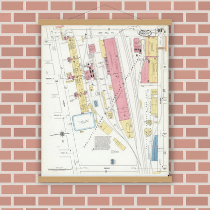 Old map wall art mockup — magnetic wood frame on brick wall — Sanborn Fire Insurance Map from Endicott, Broome County, New York (1918), Sheet #0010