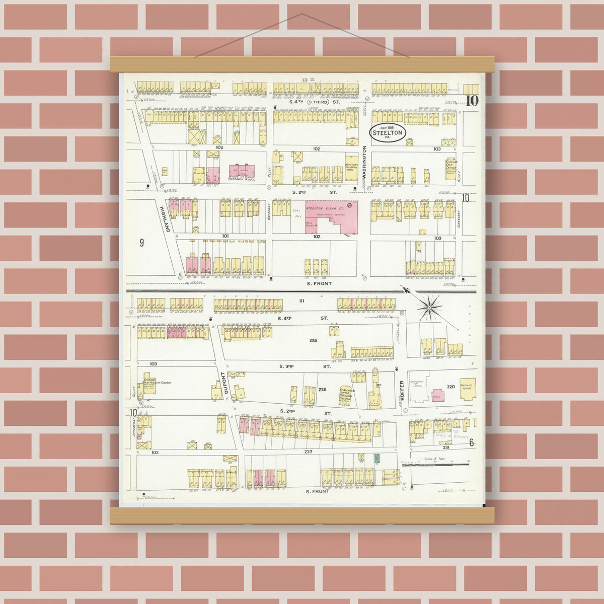 Old map wall art mockup — magnetic wood frame on brick wall — Sanborn Fire Insurance Map from Steelton, Dauphin County, Pennsylvania (1909), Sheet #0010