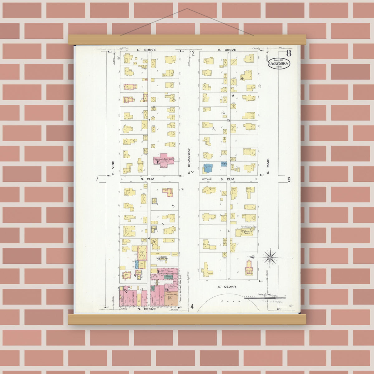 Old map wall art mockup — magnetic wood frame on brick wall — Sanborn Fire Insurance Map from Owatonna, Steele County, Minnesota (1909), Sheet #0008