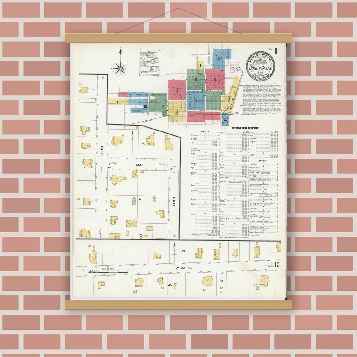Old map wall art mockup — magnetic wood frame on brick wall — Sanborn Fire Insurance Map from Honey Grove, Fannin County, Texas (1909) - Complete Map Set