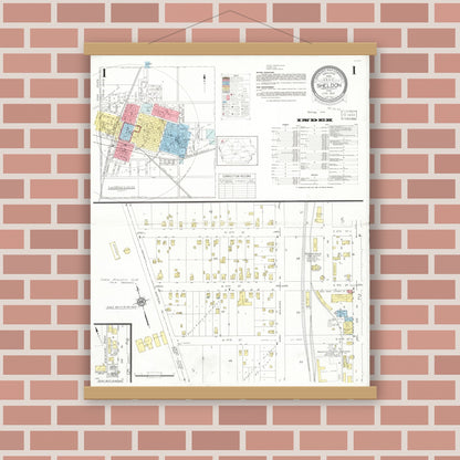 Old map wall art mockup — magnetic wood frame on brick wall — Sanborn Fire Insurance Map from Sheldon, O'Brien County, Iowa (1933), Sheet #0001