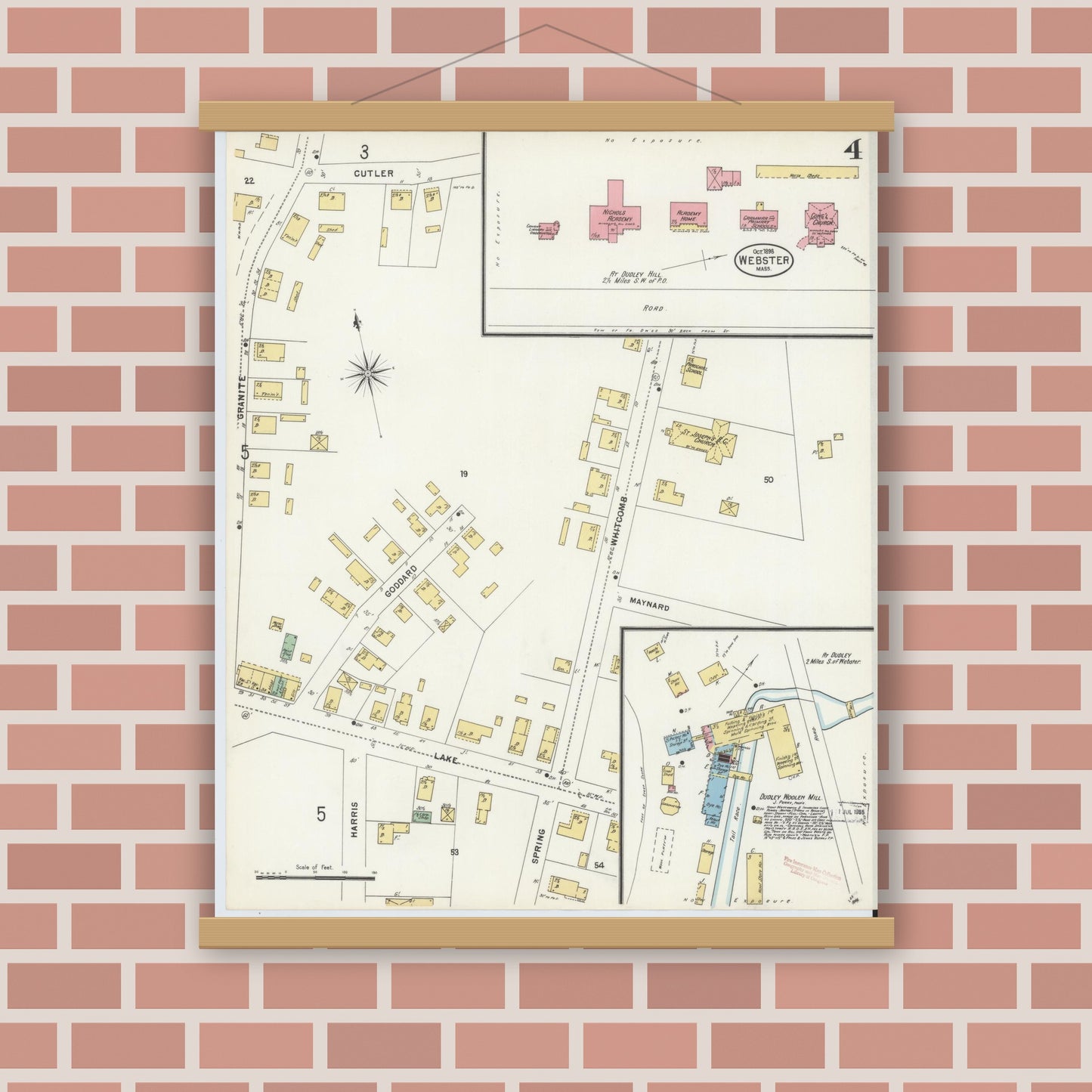 Old map wall art mockup — magnetic wood frame on brick wall — Sanborn Fire Insurance Map from Webster, Worcester County, Massachusetts (1898), Sheet #0004