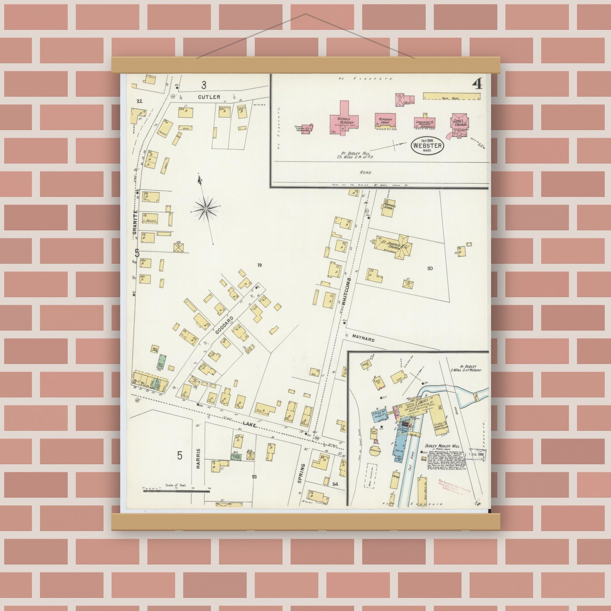 Old map wall art mockup — magnetic wood frame on brick wall — Sanborn Fire Insurance Map from Webster, Worcester County, Massachusetts (1898), Sheet #0004