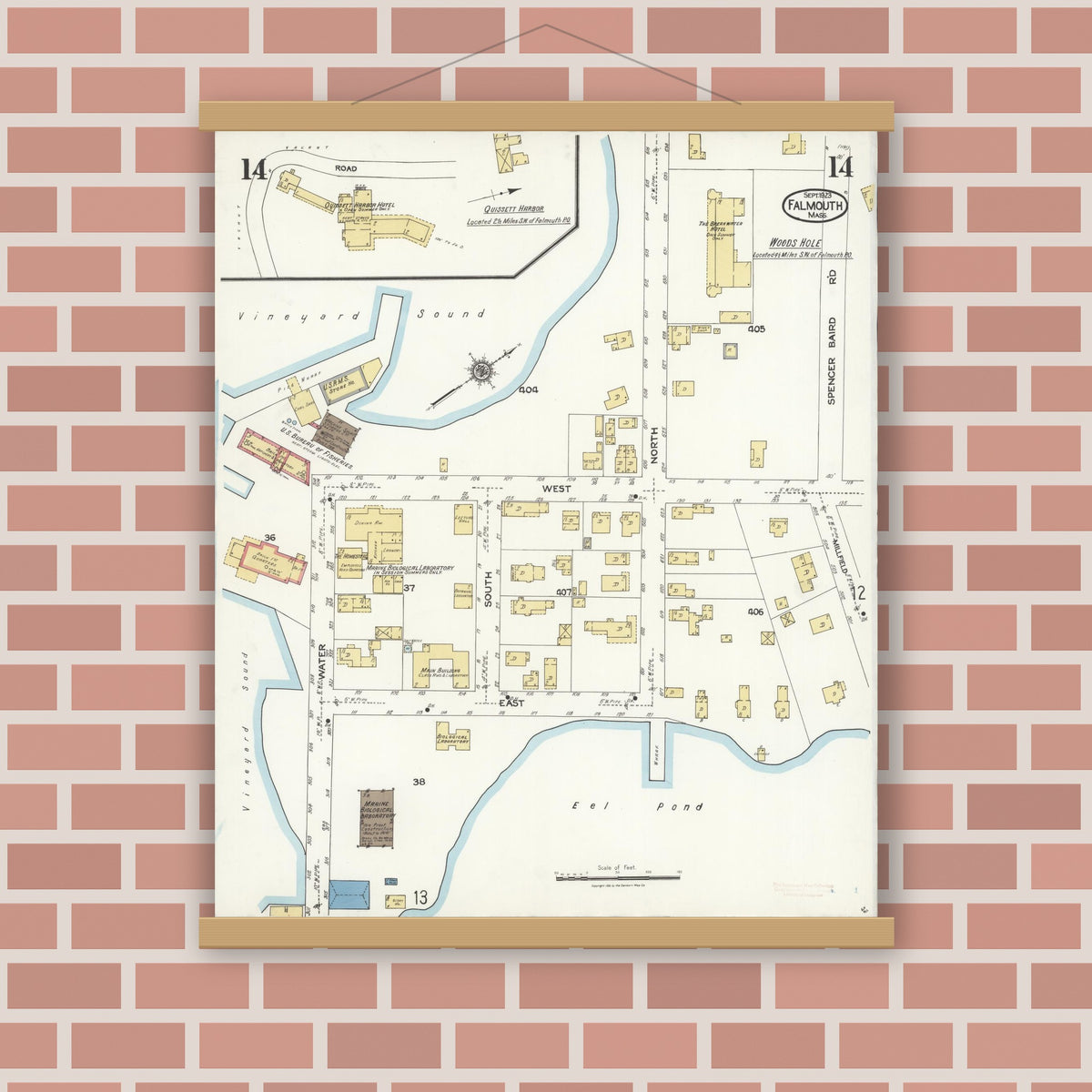 Old map wall art mockup — magnetic wood frame on brick wall — Sanborn Fire Insurance Map from Falmouth, Barnstable County, Massachusetts (1923), Sheet #0014