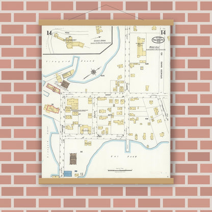 Old map wall art mockup — magnetic wood frame on brick wall — Sanborn Fire Insurance Map from Falmouth, Barnstable County, Massachusetts (1923), Sheet #0014