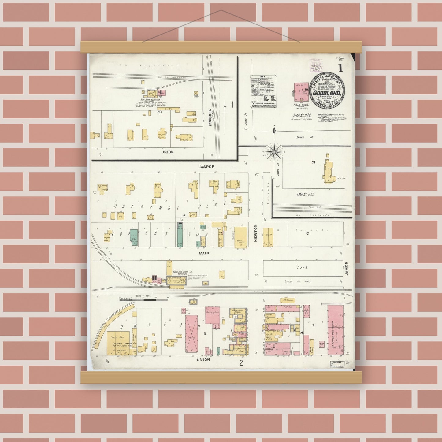 Old map wall art mockup — magnetic wood frame on brick wall — Sanborn Fire Insurance Map from Goodland, Newton County, Indiana (1905) - Complete Map Set