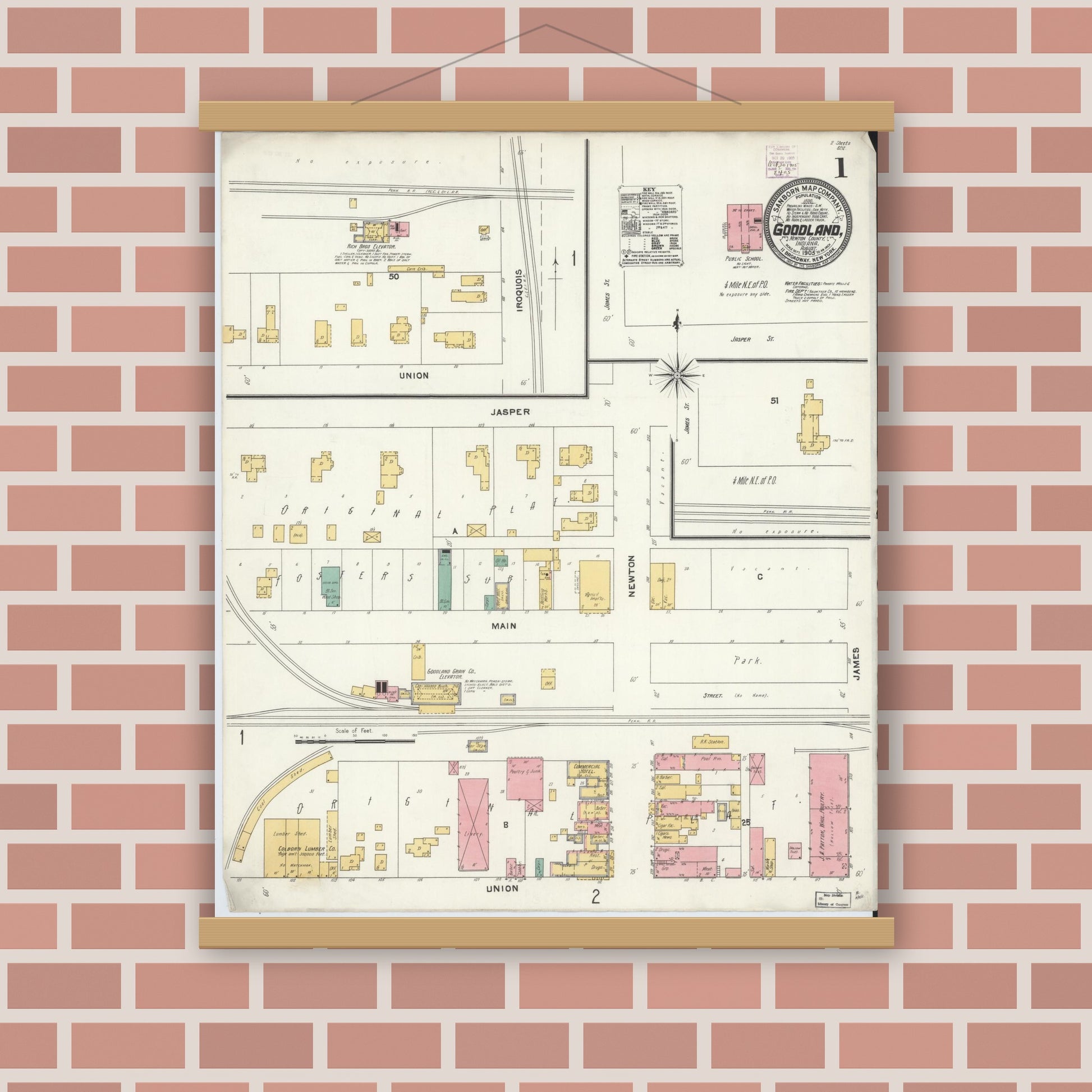 Old map wall art mockup — magnetic wood frame on brick wall — Sanborn Fire Insurance Map from Goodland, Newton County, Indiana (1905) - Complete Map Set