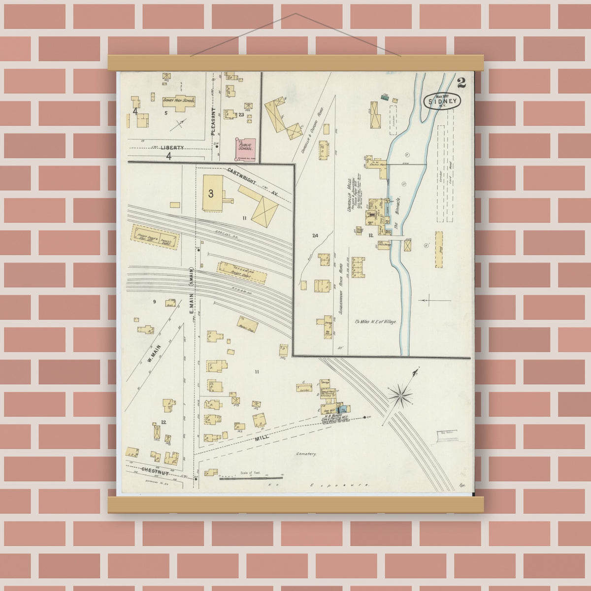 Old map wall art mockup — magnetic wood frame on brick wall — Sanborn Fire Insurance Map from Sidney, Delaware County, New York (1897), Sheet #0002