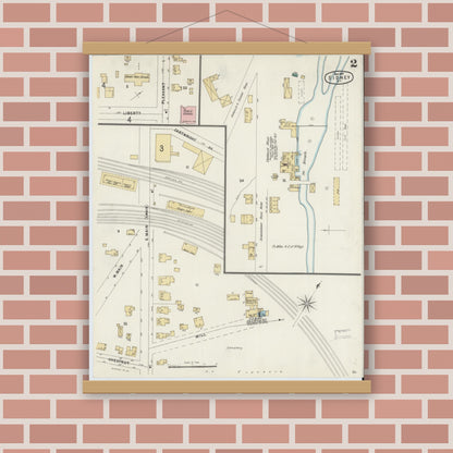 Old map wall art mockup — magnetic wood frame on brick wall — Sanborn Fire Insurance Map from Sidney, Delaware County, New York (1897), Sheet #0002