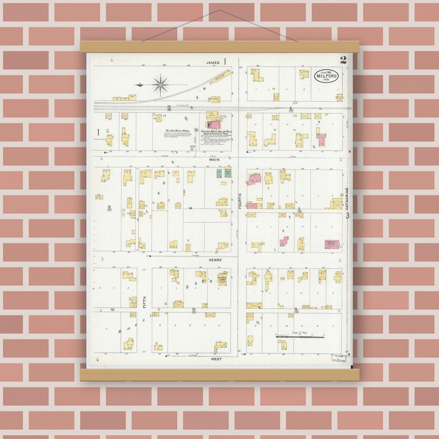 Old map wall art mockup — magnetic wood frame on brick wall — Sanborn Fire Insurance Map from Milford, Kosciusko County, Indiana (1905), Sheet #0002
