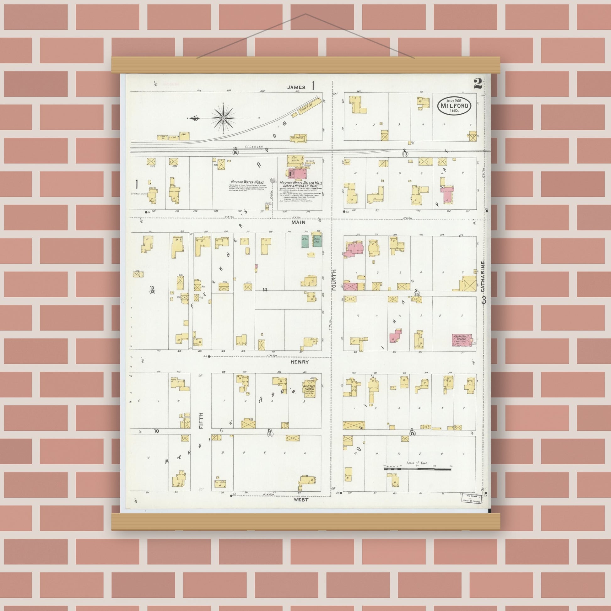 Old map wall art mockup — magnetic wood frame on brick wall — Sanborn Fire Insurance Map from Milford, Kosciusko County, Indiana (1905), Sheet #0002