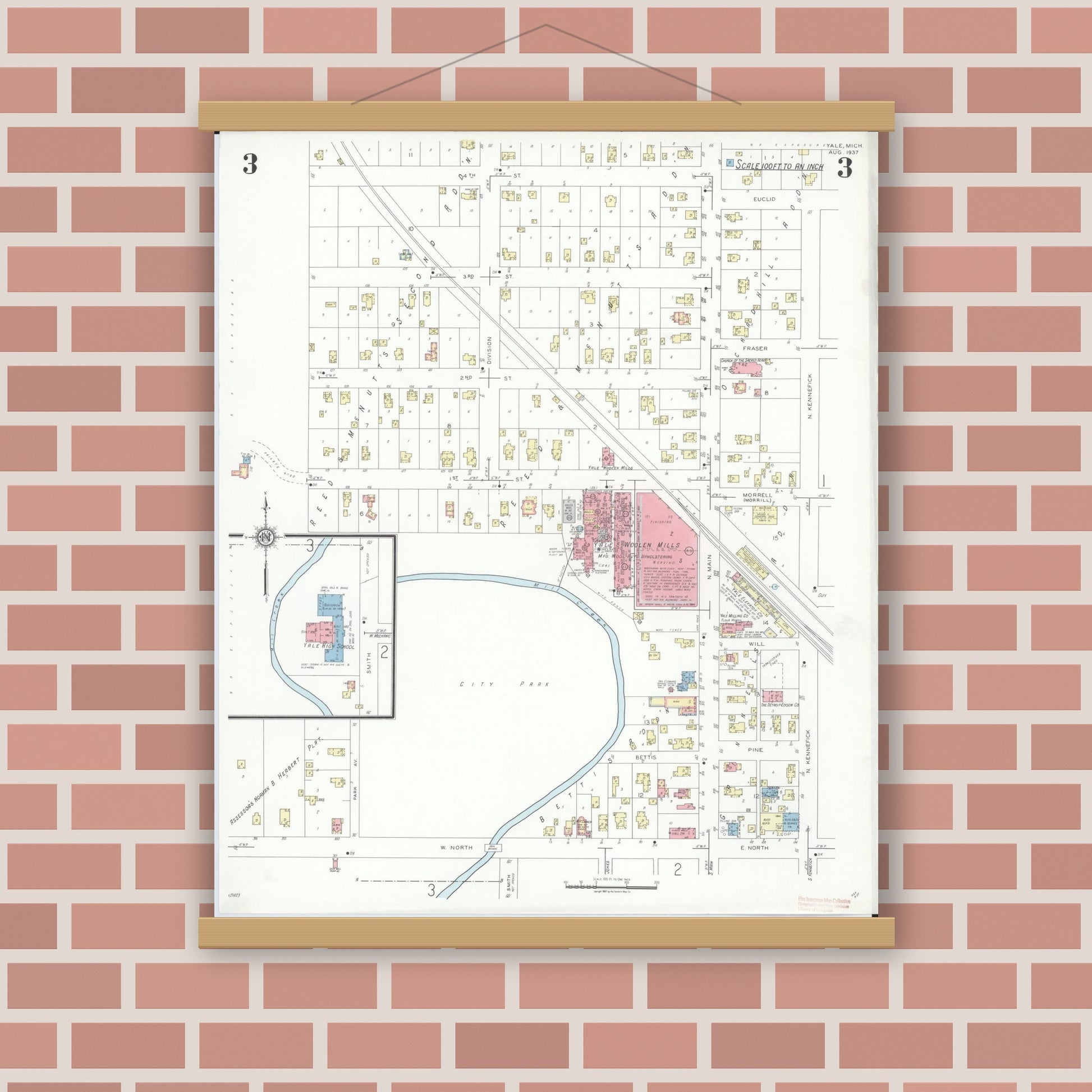 Old map wall art mockup — magnetic wood frame on brick wall — Sanborn Fire Insurance Map from Yale, Saint Clair County, Michigan (1937), Sheet #0003