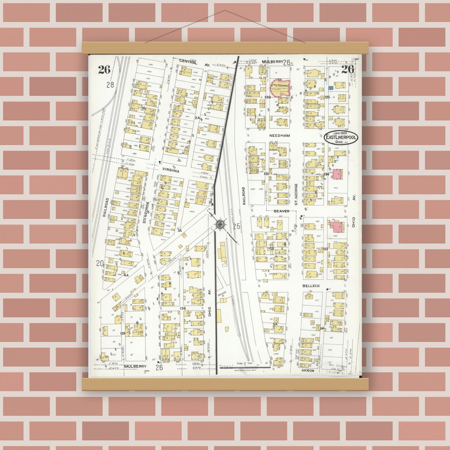 Old map wall art mockup — magnetic wood frame on brick wall — Sanborn Fire Insurance Map from East Liverpool, Columbiana County, Ohio (1923), Sheet #0026