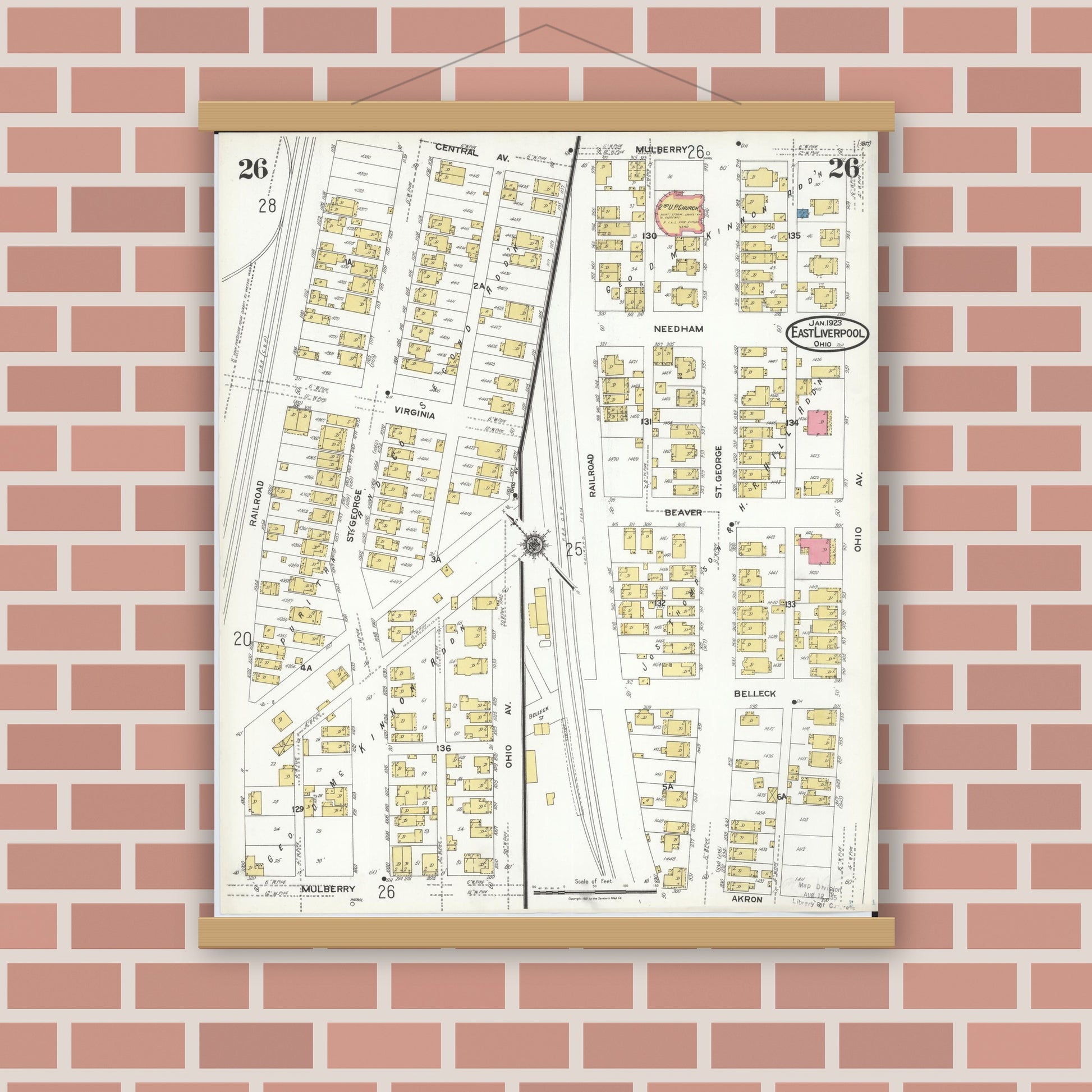 Old map wall art mockup — magnetic wood frame on brick wall — Sanborn Fire Insurance Map from East Liverpool, Columbiana County, Ohio (1923), Sheet #0026