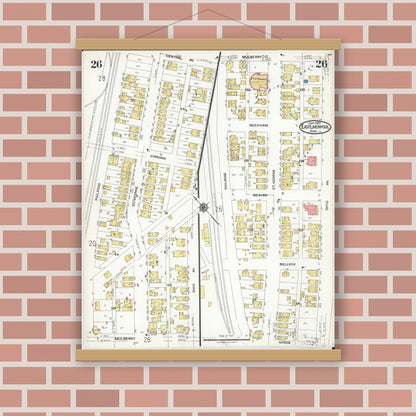 Old map wall art mockup — magnetic wood frame on brick wall — Sanborn Fire Insurance Map from East Liverpool, Columbiana County, Ohio (1923), Sheet #0026