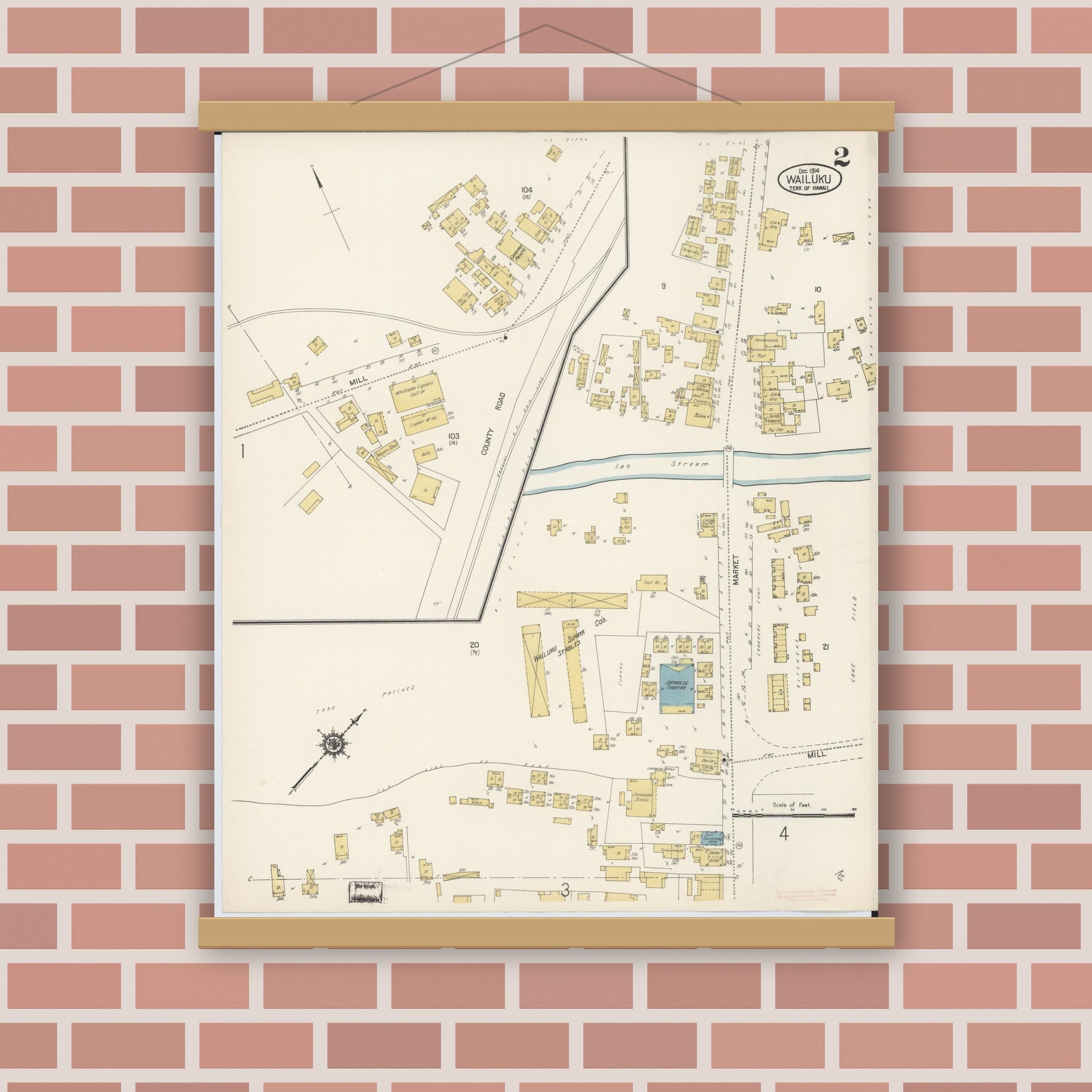 Old map wall art mockup — magnetic wood frame on brick wall — Sanborn Fire Insurance Map from Wailuku, Maui County, Hawaii (1914), Sheet #0002