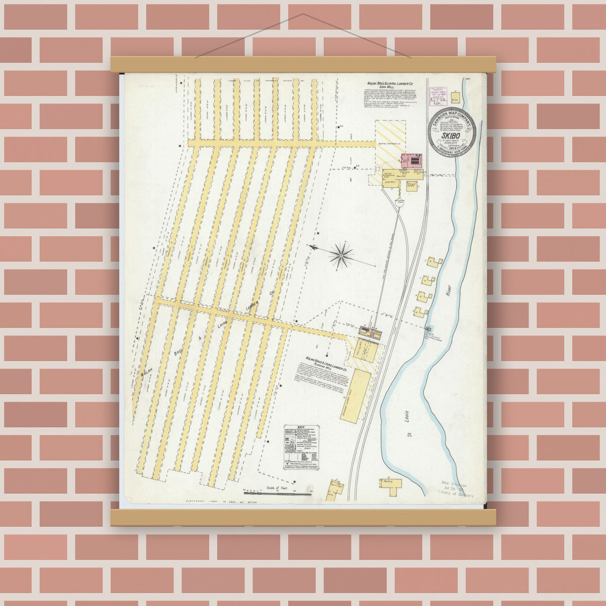 Old map wall art mockup — magnetic wood frame on brick wall — Sanborn Fire Insurance Map from Skibo, Saint Louis County, Minnesota (1904), Sheet #0001