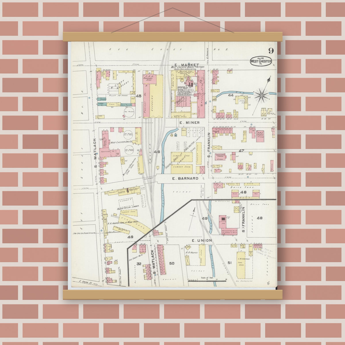 Old map wall art mockup — magnetic wood frame on brick wall — Sanborn Fire Insurance Map from West Chester, Chester County, Pennsylvania (1891), Sheet #0009