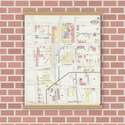 Old map wall art mockup — magnetic wood frame on brick wall — Sanborn Fire Insurance Map from West Chester, Chester County, Pennsylvania (1891), Sheet #0009