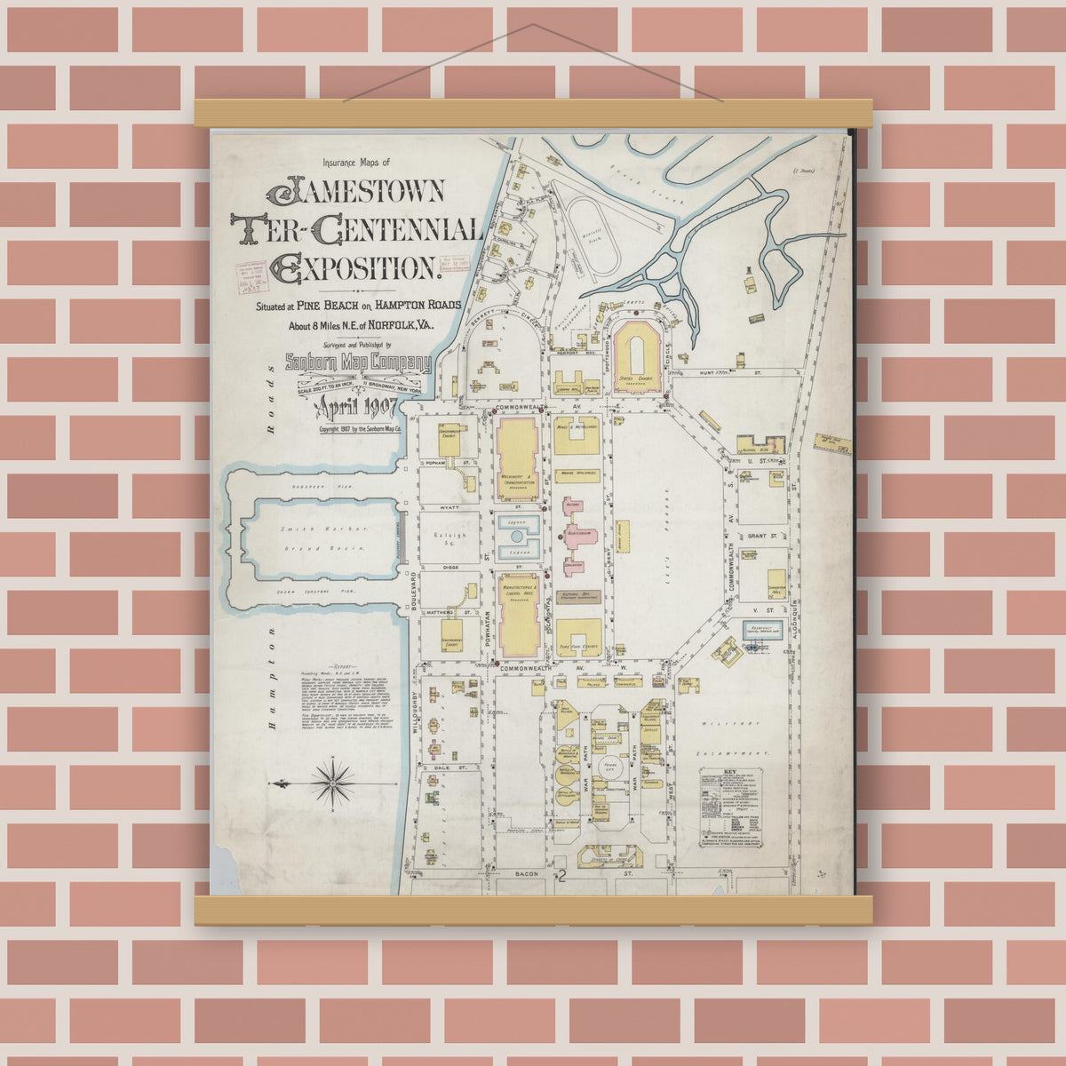 Old map wall art mockup — magnetic wood frame on brick wall — Sanborn Fire Insurance Map from Norfolk, Independent Cities, Virginia (1907) - Complete Map Set