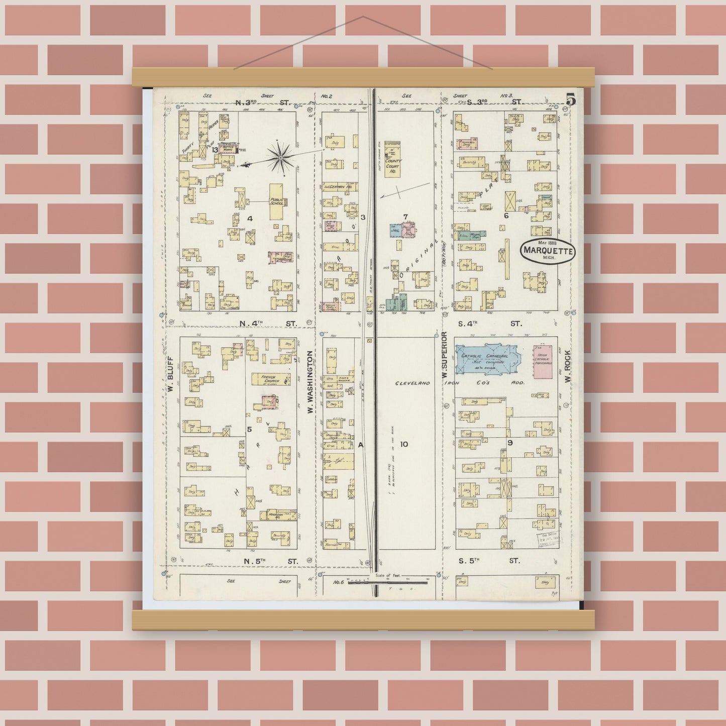 Old map wall art mockup — magnetic wood frame on brick wall — Sanborn Fire Insurance Map from Marquette, Marquette County, Michigan (1888), Sheet #0005