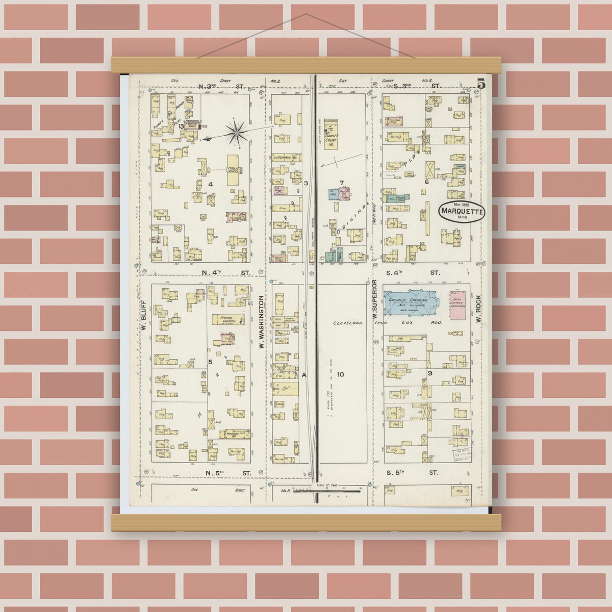 Old map wall art mockup — magnetic wood frame on brick wall — Sanborn Fire Insurance Map from Marquette, Marquette County, Michigan (1888), Sheet #0005