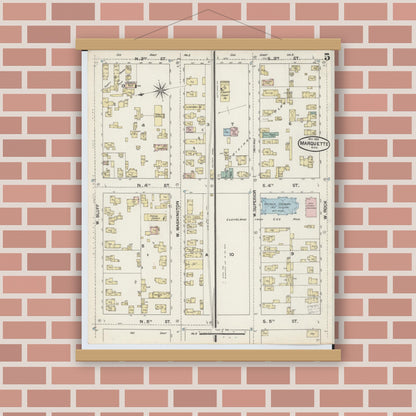 Old map wall art mockup — magnetic wood frame on brick wall — Sanborn Fire Insurance Map from Marquette, Marquette County, Michigan (1888), Sheet #0005
