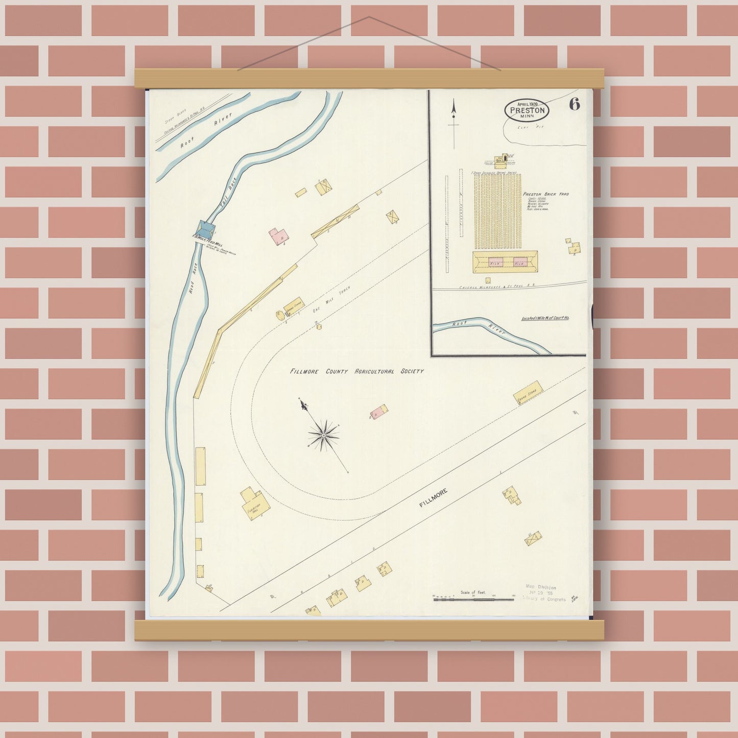 Old map wall art mockup — magnetic wood frame on brick wall — Sanborn Fire Insurance Map from Preston, Fillmore County, Minnesota (1909), Sheet #0006