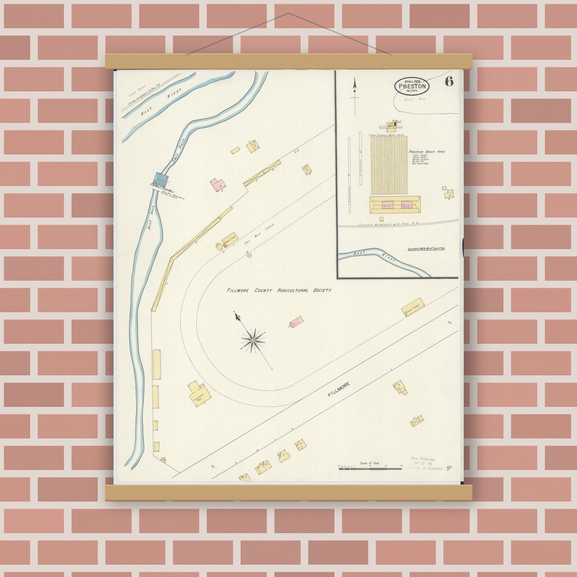Old map wall art mockup — magnetic wood frame on brick wall — Sanborn Fire Insurance Map from Preston, Fillmore County, Minnesota (1909), Sheet #0006