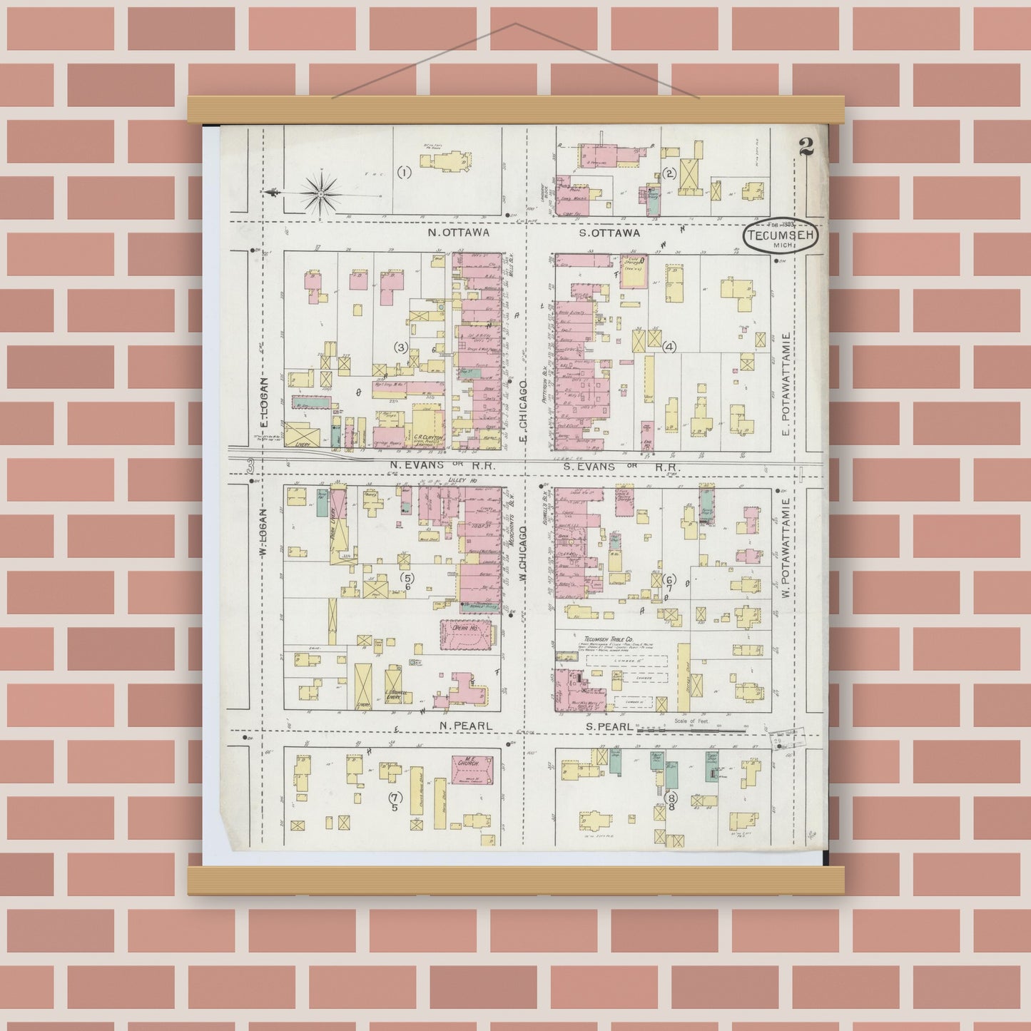 Old map wall art mockup — magnetic wood frame on brick wall — Sanborn Fire Insurance Map from Tecumseh, Lenawee County, Michigan (1893), Sheet #0002