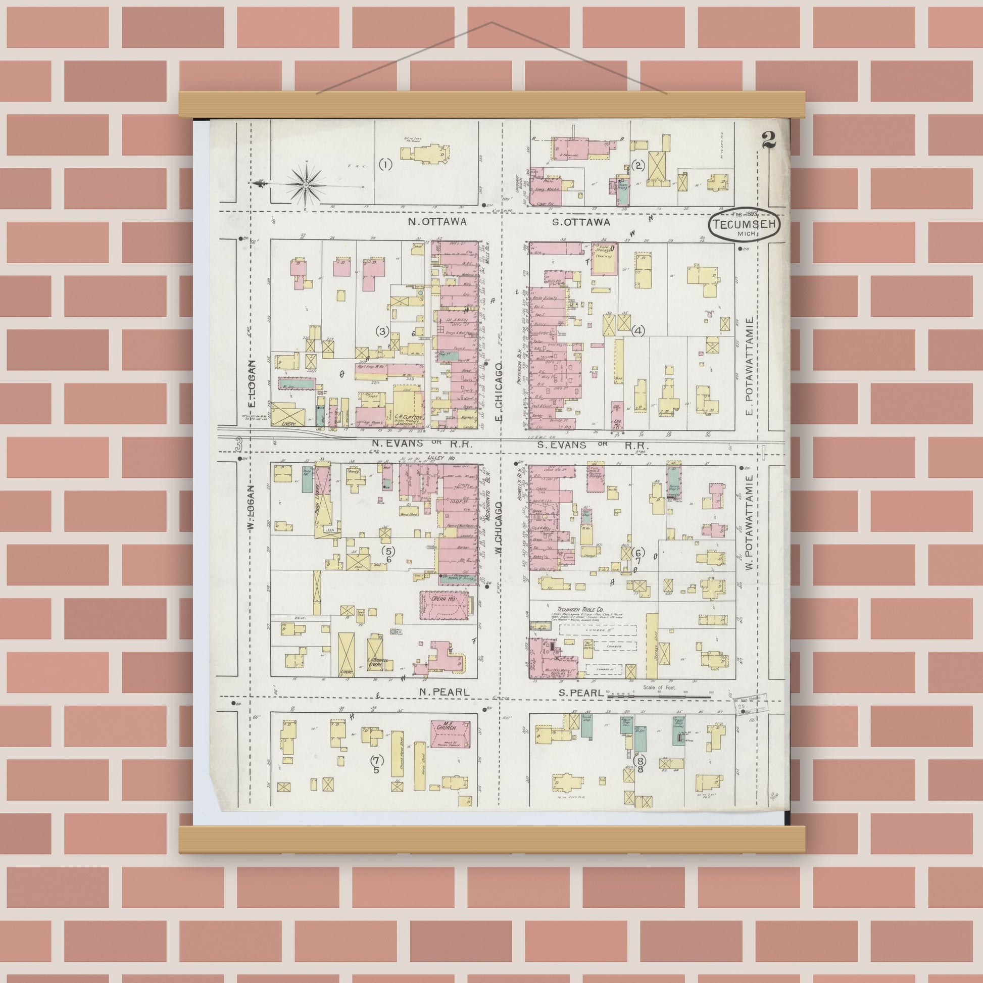 Old map wall art mockup — magnetic wood frame on brick wall — Sanborn Fire Insurance Map from Tecumseh, Lenawee County, Michigan (1893), Sheet #0002