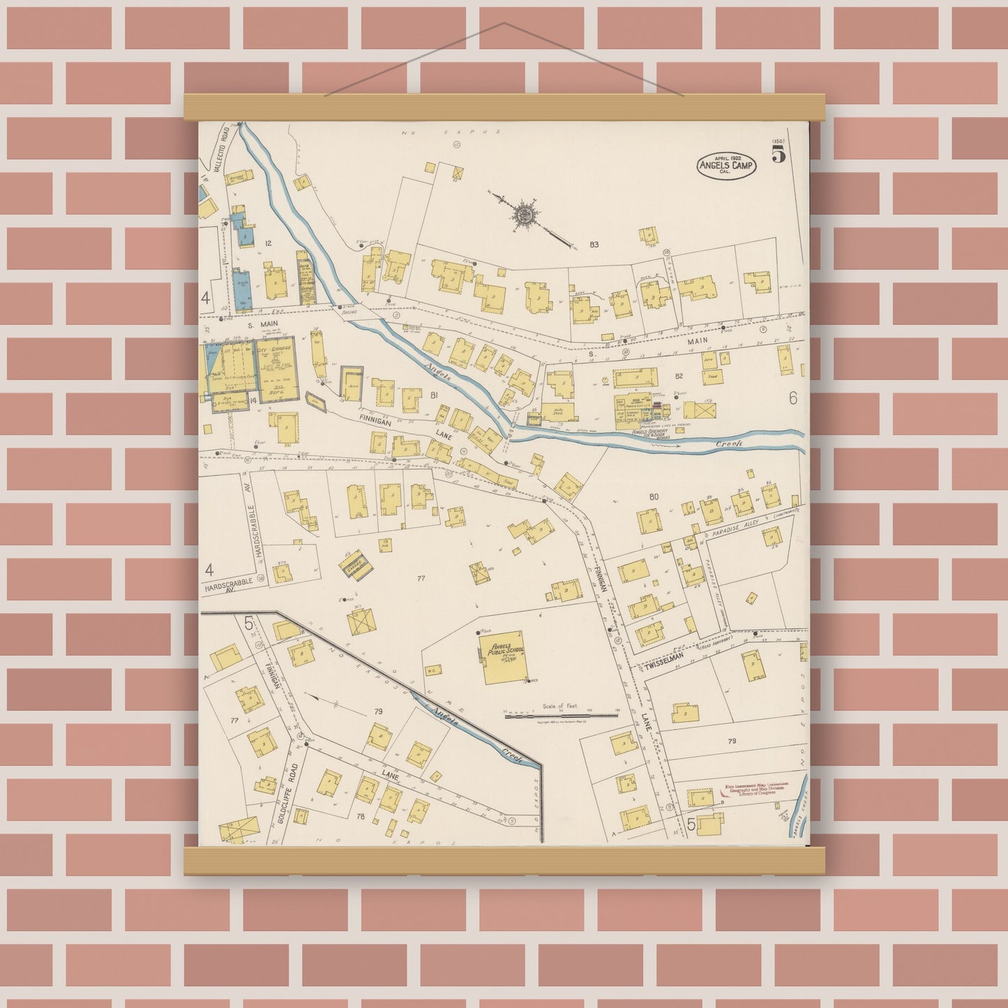 Old map wall art mockup — magnetic wood frame on brick wall — Sanborn Fire Insurance Map from Angels Camp, Calaveras County, California (1922), Sheet #0005
