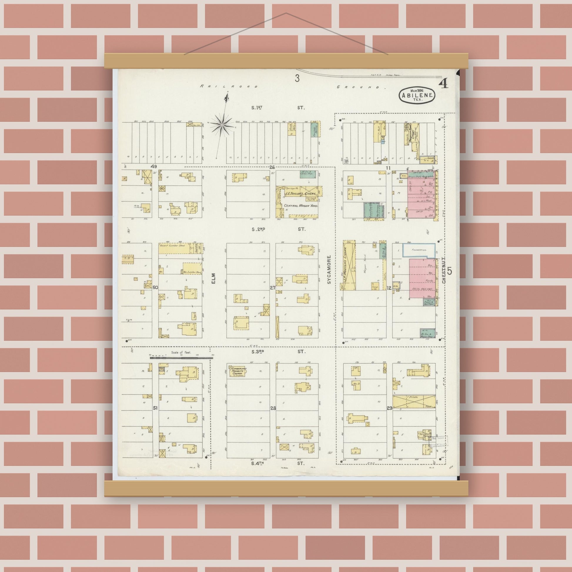 Old map wall art mockup — magnetic wood frame on brick wall — Sanborn Fire Insurance Map from Abilene, Taylor County, Texas (1896), Sheet #0004