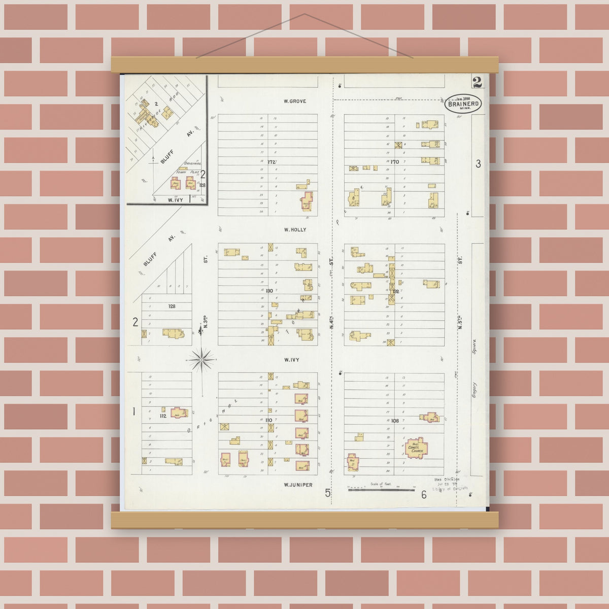 Old map wall art mockup — magnetic wood frame on brick wall — Sanborn Fire Insurance Map from Brainerd, Crow Wing County, Minnesota (1898), Sheet #0002