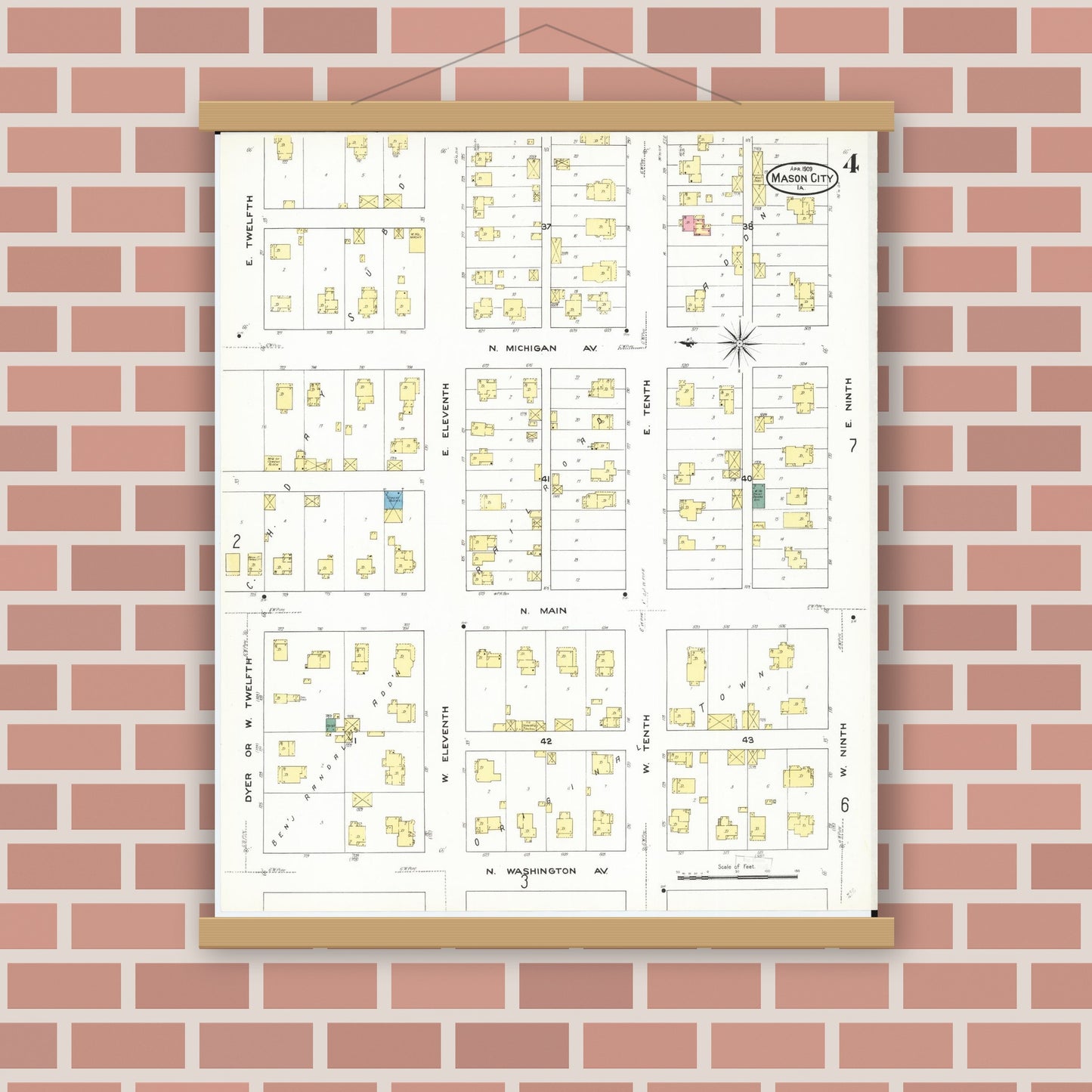 Old map wall art mockup — magnetic wood frame on brick wall — Sanborn Fire Insurance Map from Mason City, Cerro Gordo County, Iowa (1909), Sheet #0004