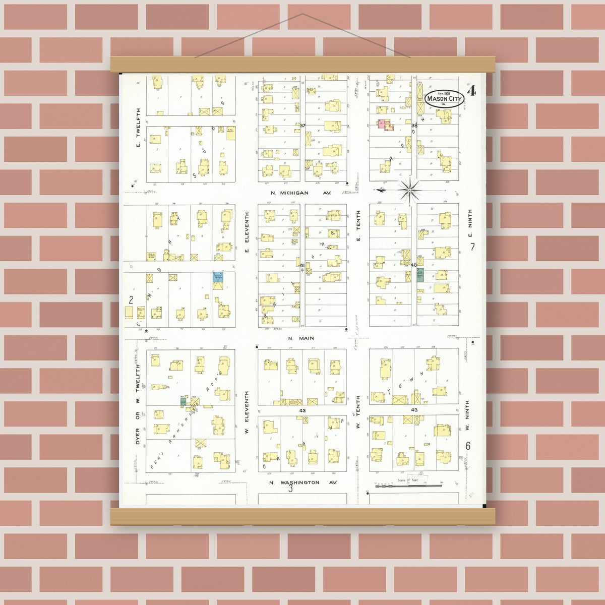 Old map wall art mockup — magnetic wood frame on brick wall — Sanborn Fire Insurance Map from Mason City, Cerro Gordo County, Iowa (1909), Sheet #0004