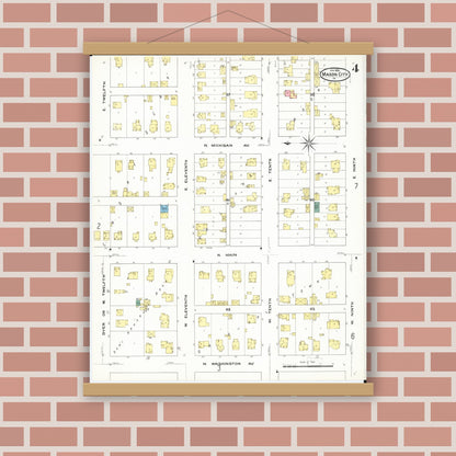 Old map wall art mockup — magnetic wood frame on brick wall — Sanborn Fire Insurance Map from Mason City, Cerro Gordo County, Iowa (1909), Sheet #0004