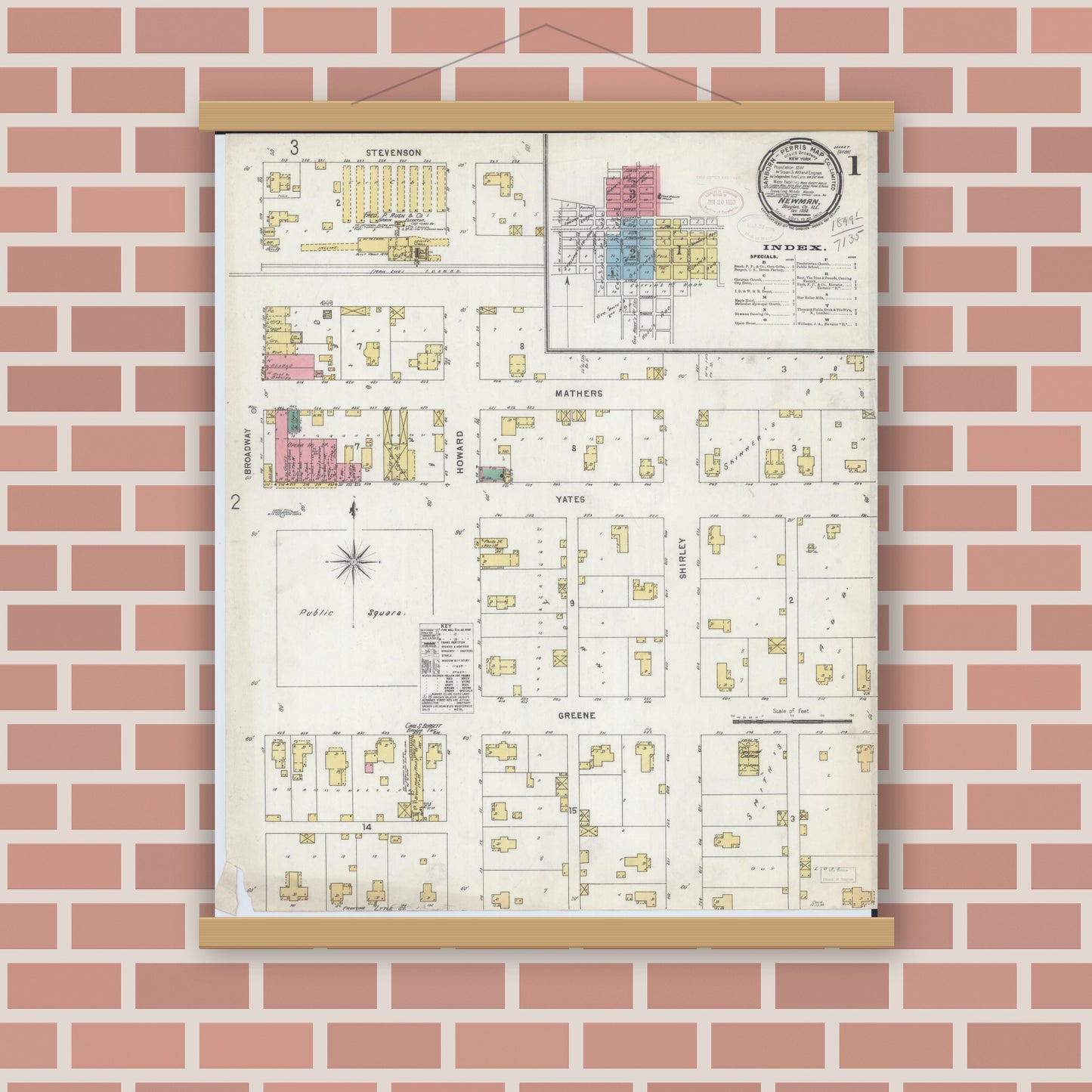 Old map wall art mockup — magnetic wood frame on brick wall — Sanborn Fire Insurance Map from Newman, Douglas County, Illinois (1898) - Complete Map Set
