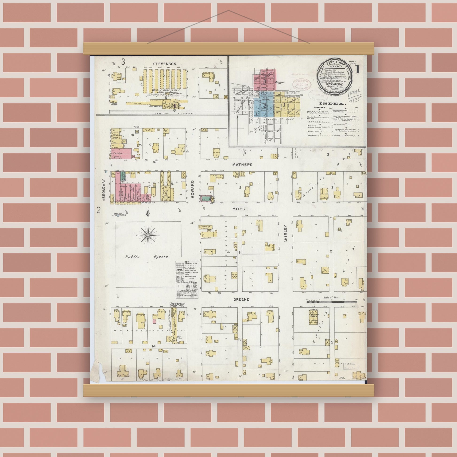 Old map wall art mockup — magnetic wood frame on brick wall — Sanborn Fire Insurance Map from Newman, Douglas County, Illinois (1898) - Complete Map Set
