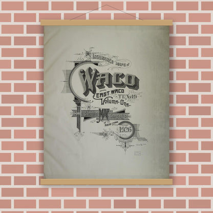 Old map wall art mockup — magnetic wood frame on brick wall — Sanborn Fire Insurance Map from Waco, McLennan County, Texas (1926), Sheet #0001